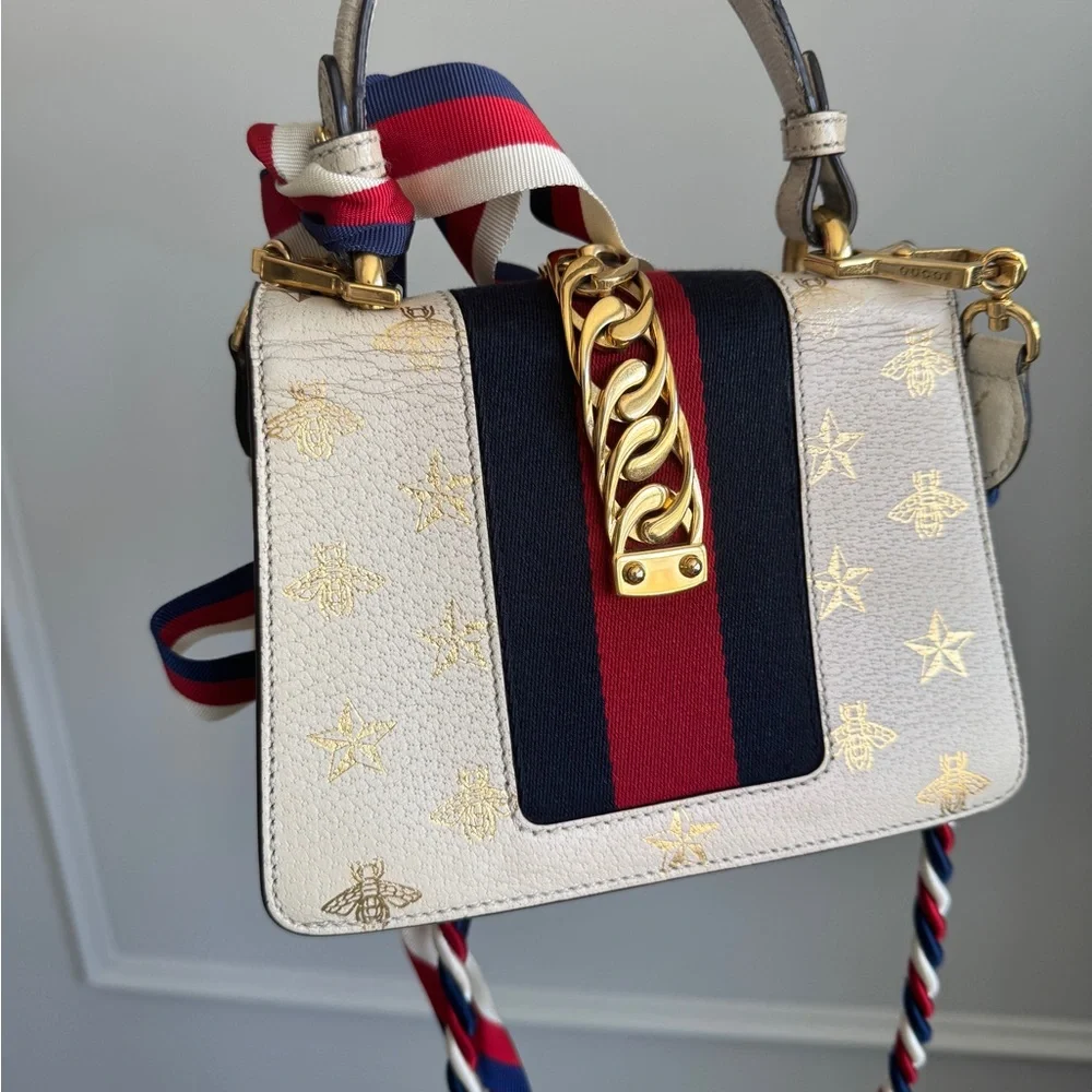 Gucci Web Sylvie Crossbody Bag with Striped Strap, bow and leather strep - Picture 3 of 8